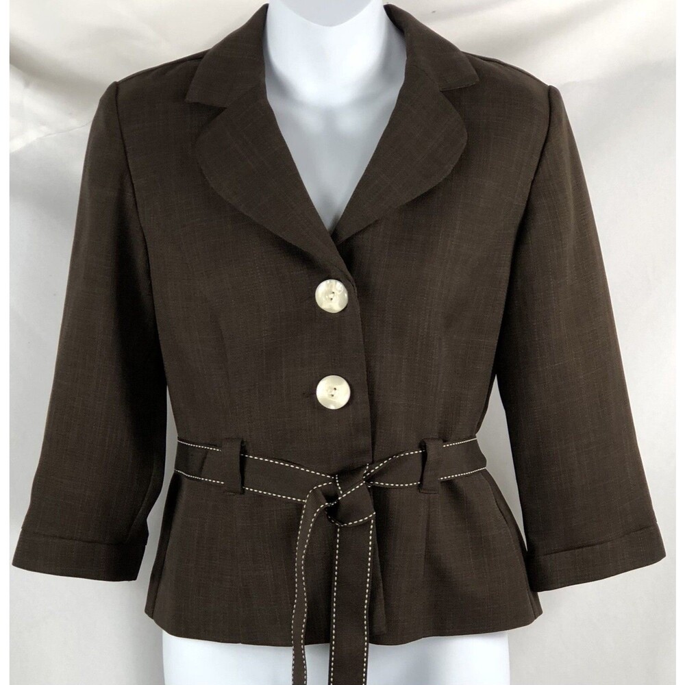 Vintage Cropped Blazer Jacket 4P Brown Contrast Stitching Belt 3/4 Sleeve Retro